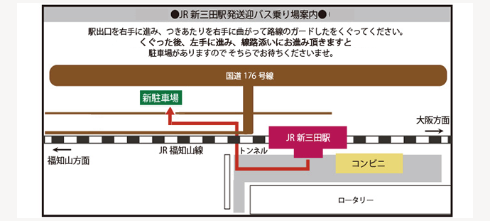 JR新三田駅発送迎バス乗り場案内　駅出口を右手に進み、つきあたりを右手に曲がって路線のガード下をくぐって下さい。