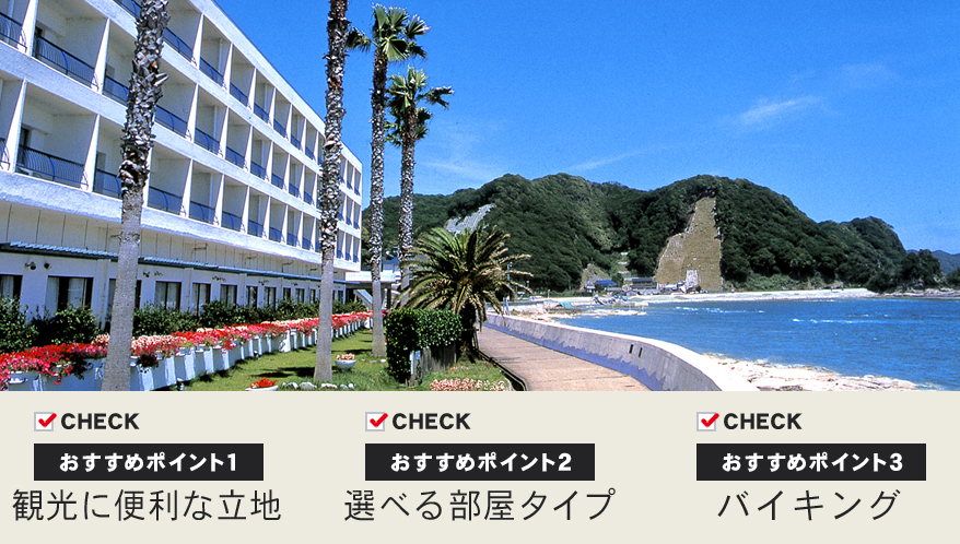 【おすすめポイント1】観光に便利な立地　【オススメポイント2】選べる部屋タイプ　【おすすめポイント3】バイキング
