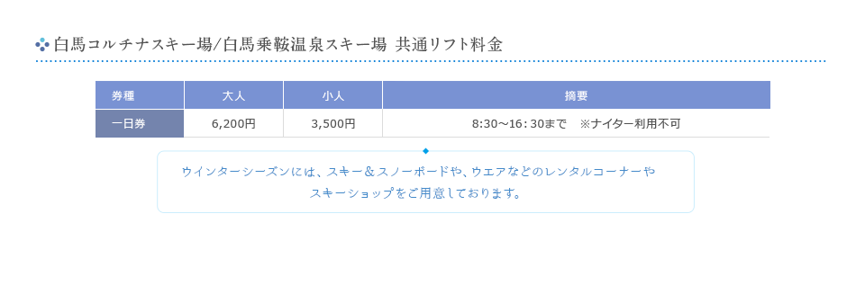 白馬コルチナスキー場リフト料金